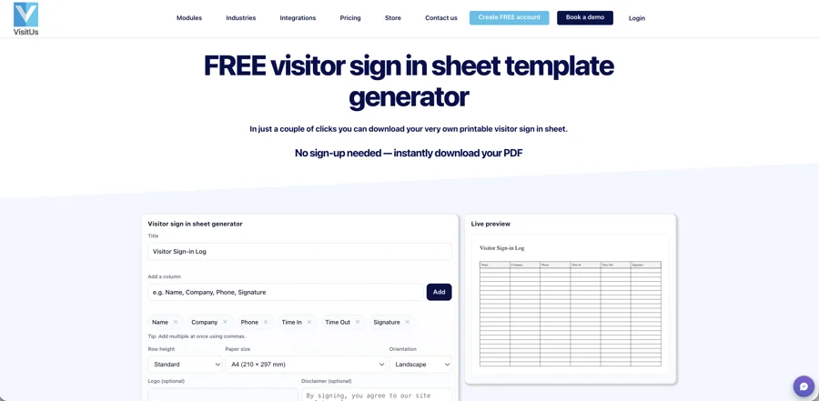 Sign In Template Generator product screenshot